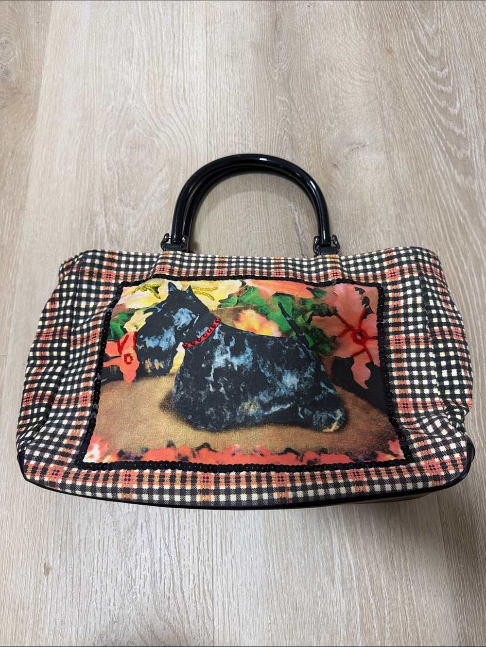 St. John's Bay Plaid Scottie Print Satchel in Black, Tan, Red